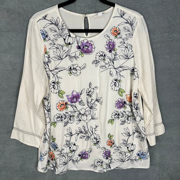 J Jill Top Womens Medium Cream Floral Embroidered Linen Tunic Lightweight Spring - Picture 1 of 12